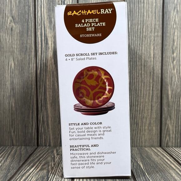 Rachael Ray 4 Piece Salad Plate Stoneware Gold Scroll Cranberry Red 8" Dinner - Picture 4 of 6